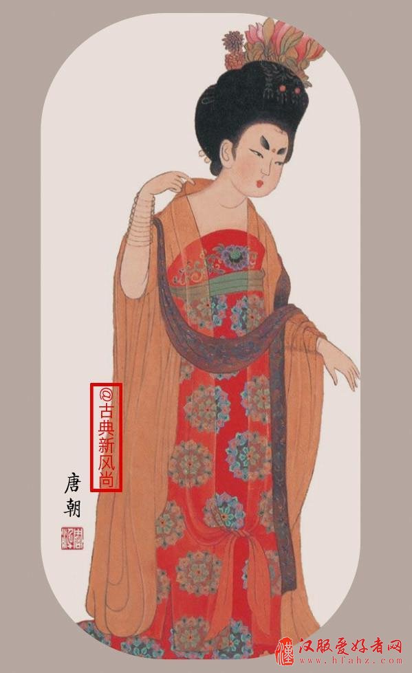 隋朝时期最为流行的女子服装样式为小袖高腰长裙,裙系到胸部以上.